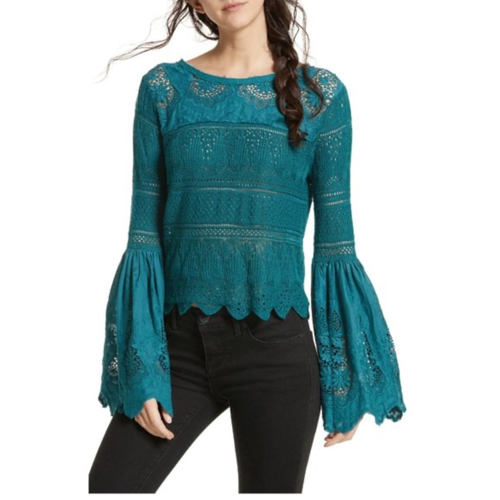 Free People Once Upon A Time Teal Lace Knit Bell Sleeve Top Fairy Boho